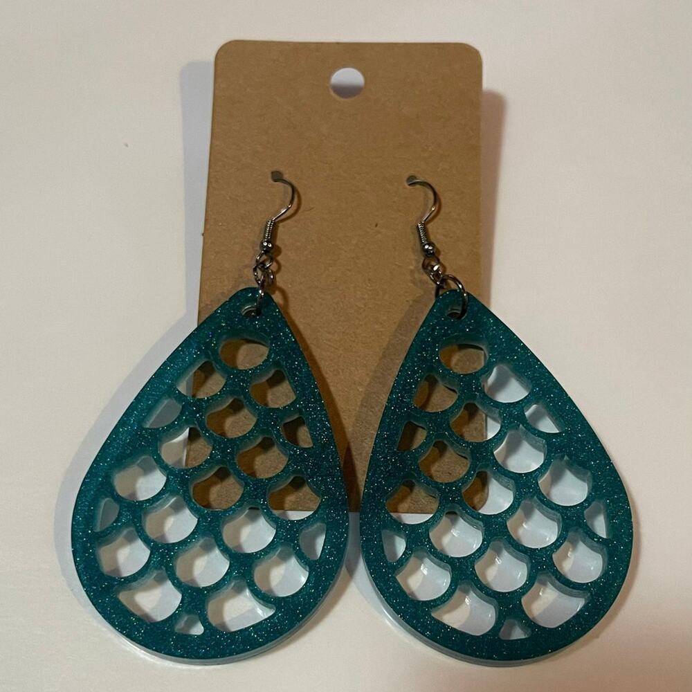 Handmade epoxy resin mermaid scale earrings - teal green shimmer